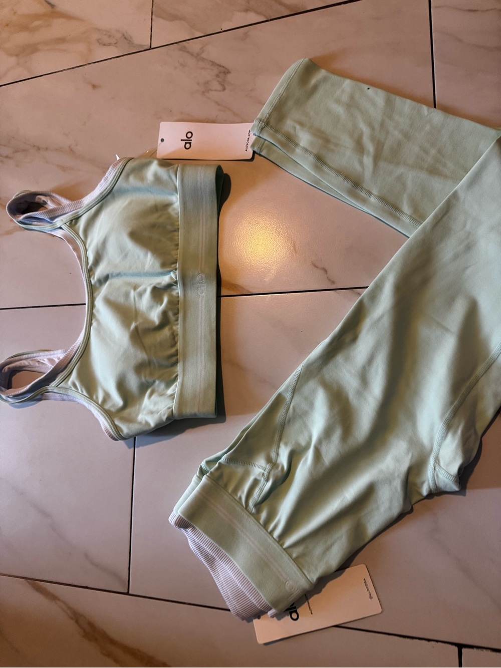 ALO Yoga Kids Sage Green Active Leggings & Sports Bra